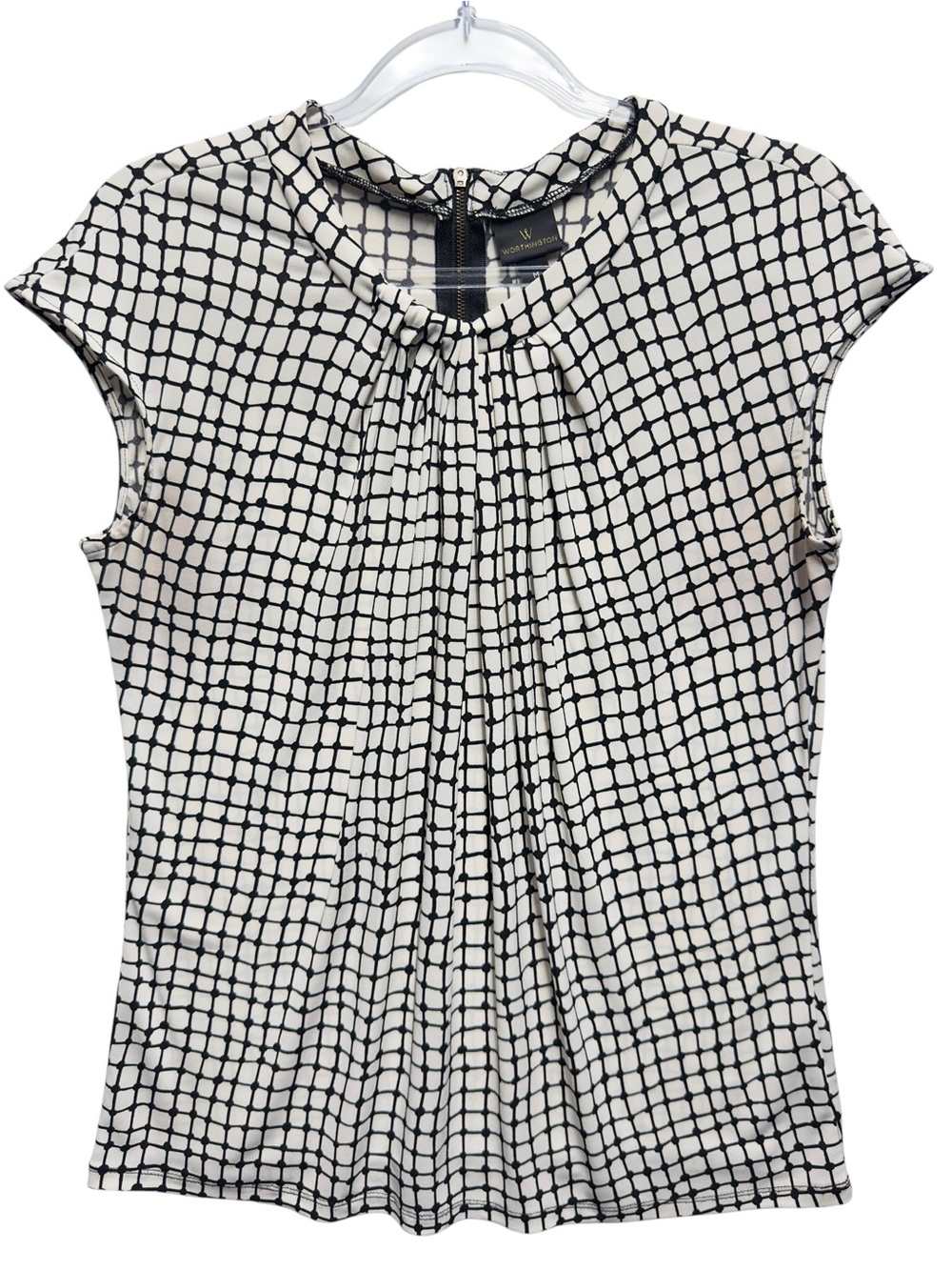 Tuxedo Silky Ponte Knit Geometric Grid Polka Dots Squares Pleated Top Blouse
